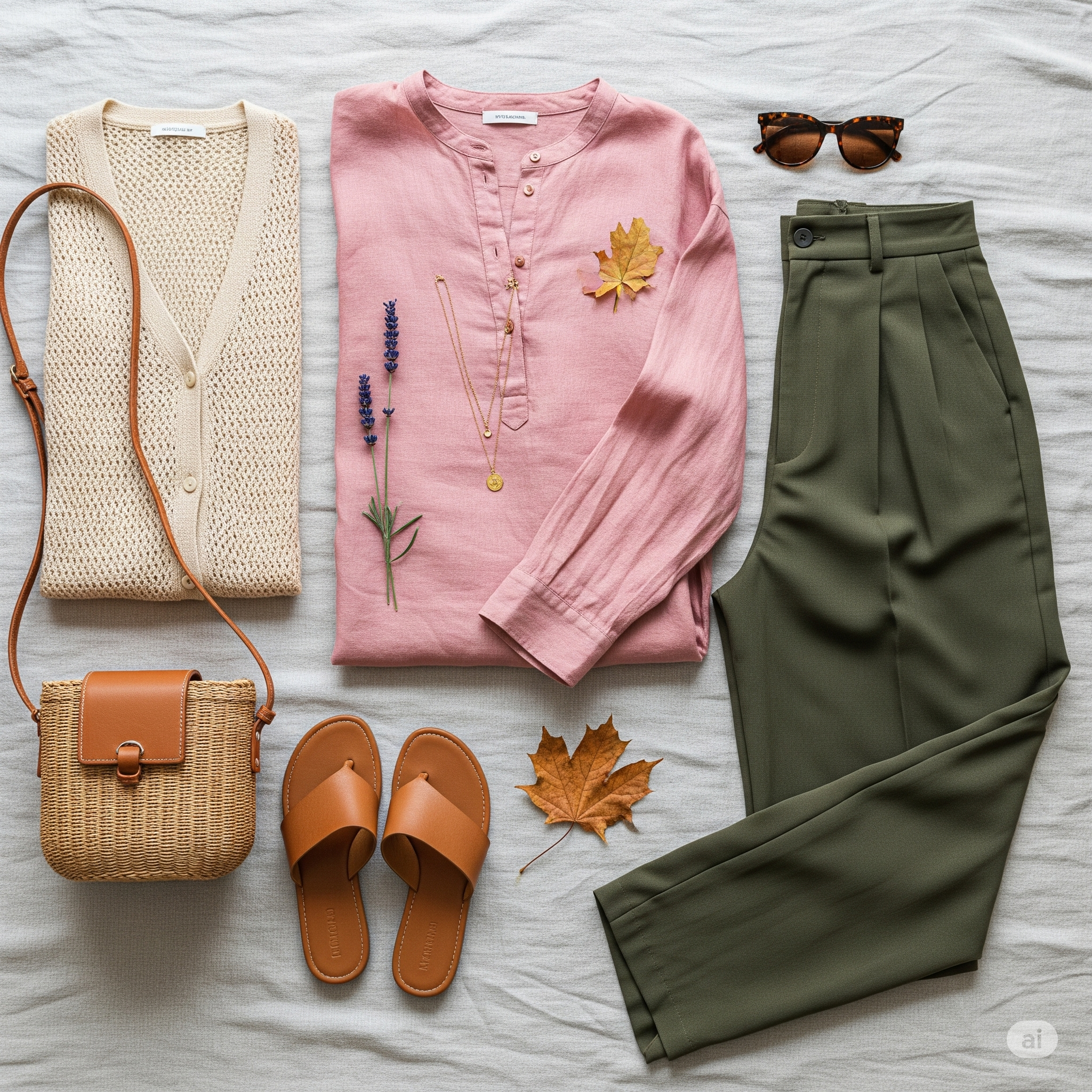 얇은 니트 가디건, 분홍색 긴팔 셔츠, 카키색 슬랙스 등 늦여름부터 초가을까지 입을 수 있는 간절기 의류 아이템들이 가지런히 놓여있는 평면 사진.