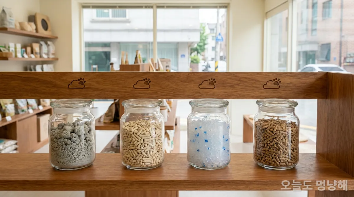 벤토나이트, 두부, 실리카겔, 우드 펠릿 등 다양한 고양이 모래 종류 비교