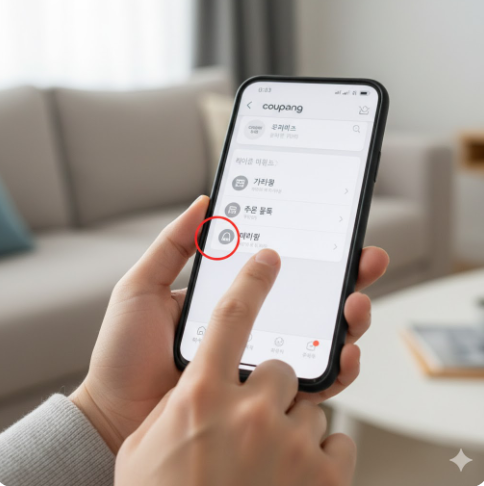 쿠팡 모바일 앱에서 '마이쿠팡'과 '주문 목록'을 터치하는 손가락 이미지