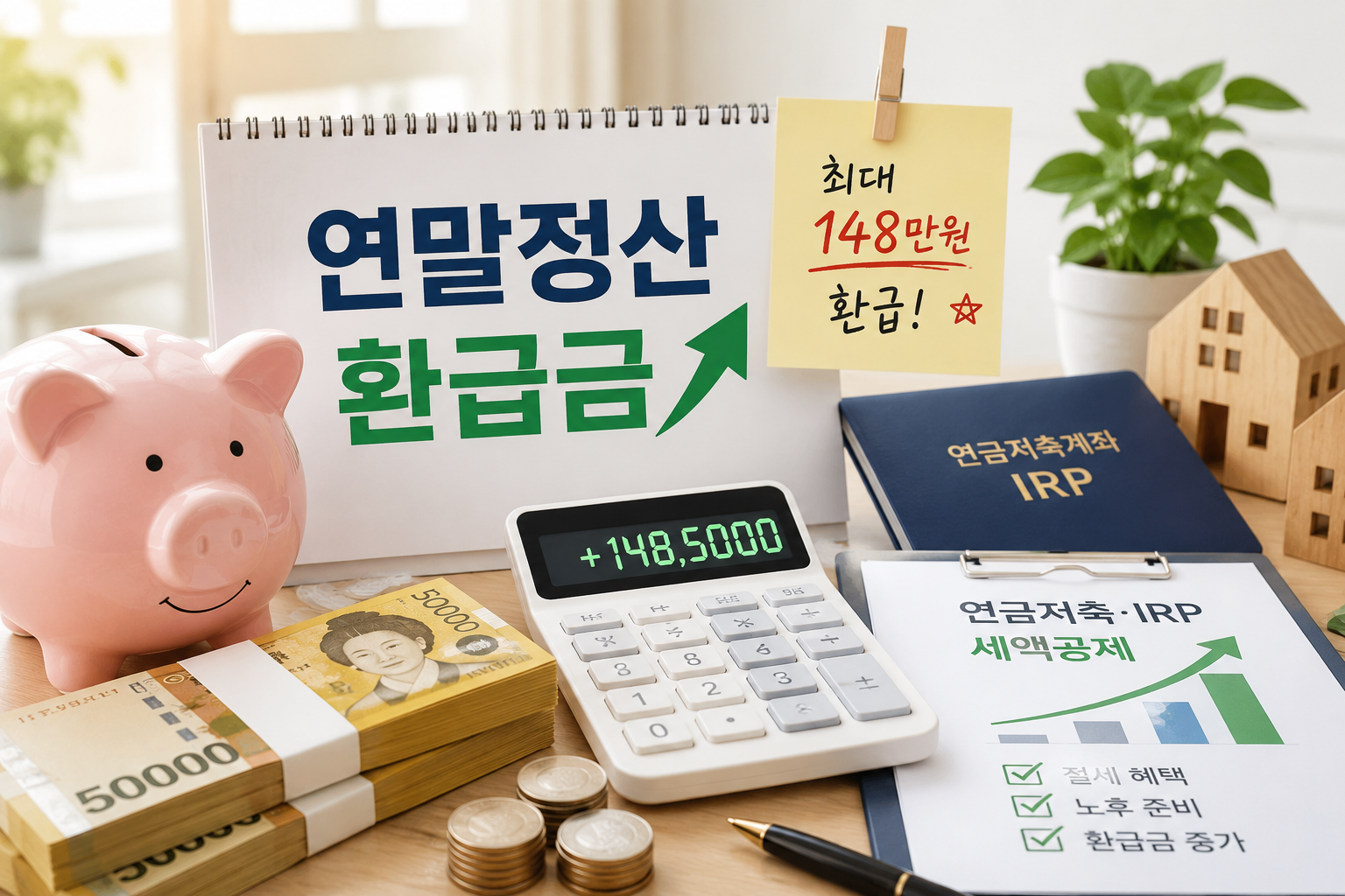 연말정산 환급금을 상징하는 돼지저금통과 현금 다발, 계산기, IRP 연금저축 서류가 놓여 있으며 환급금 상승을 의미하는 초록색 화살표와 밝은 분위기의 재테크 이미지