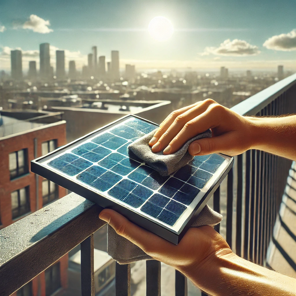 태양광 패널을 청소하는 모습