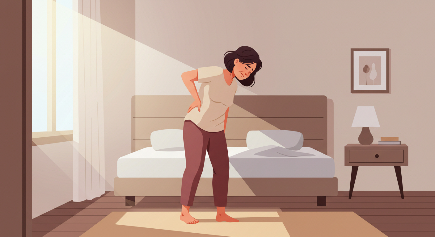 아침에 뻣뻣한 허리를 잡고 일어나는 중년 여성 이미지