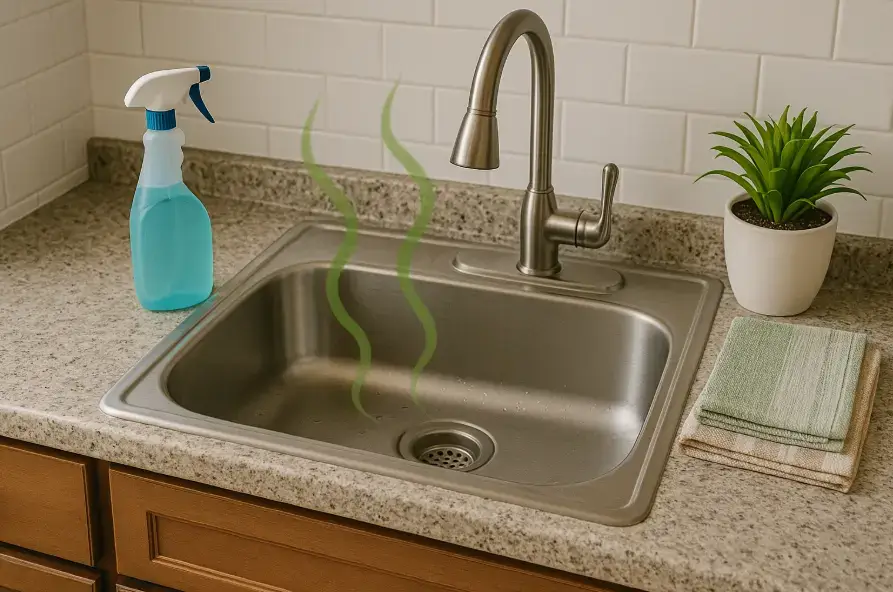 싱크대 배수구에서 악취가 올라오는 것을 표현한 주방 이미지. 스프레이 세정제와 정돈된 주변 소품이 함께 배치되어 있어 싱크대 악취 없애는 법과 관련된 청소 및 탈취 상황을 시각적으로 보여줌.