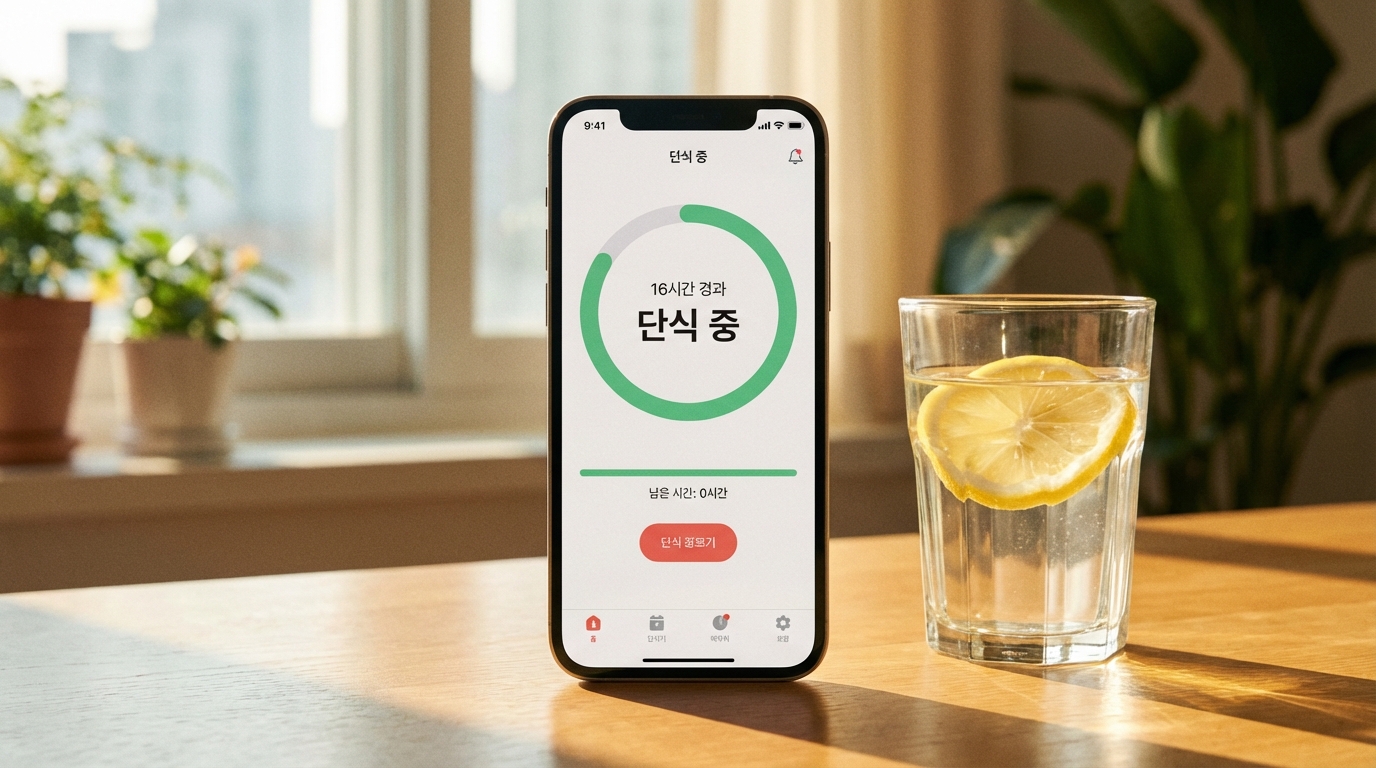 치팅데이 다음날 16시간 간헐적 단식을 나타내는 스마트폰 타이머 앱과 레몬 워터 이미지