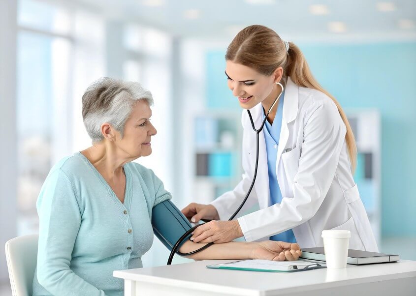 환자의 협알을 재는 여자 의사 선생님