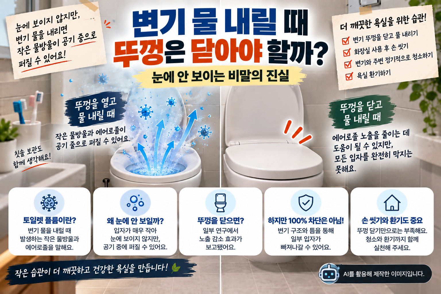 변기 물을 내릴 때 발생하는 에어로졸과 변기 뚜껑을 닫는 위생 관리 방법