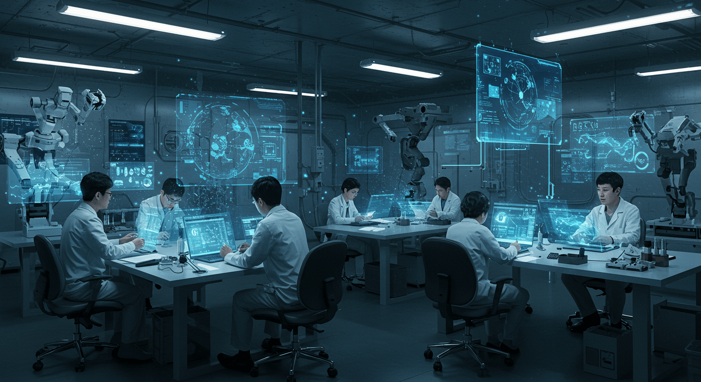 미래적인 연구소에서 AI 기술을 개발하는 한국 연구원들 모습 2
