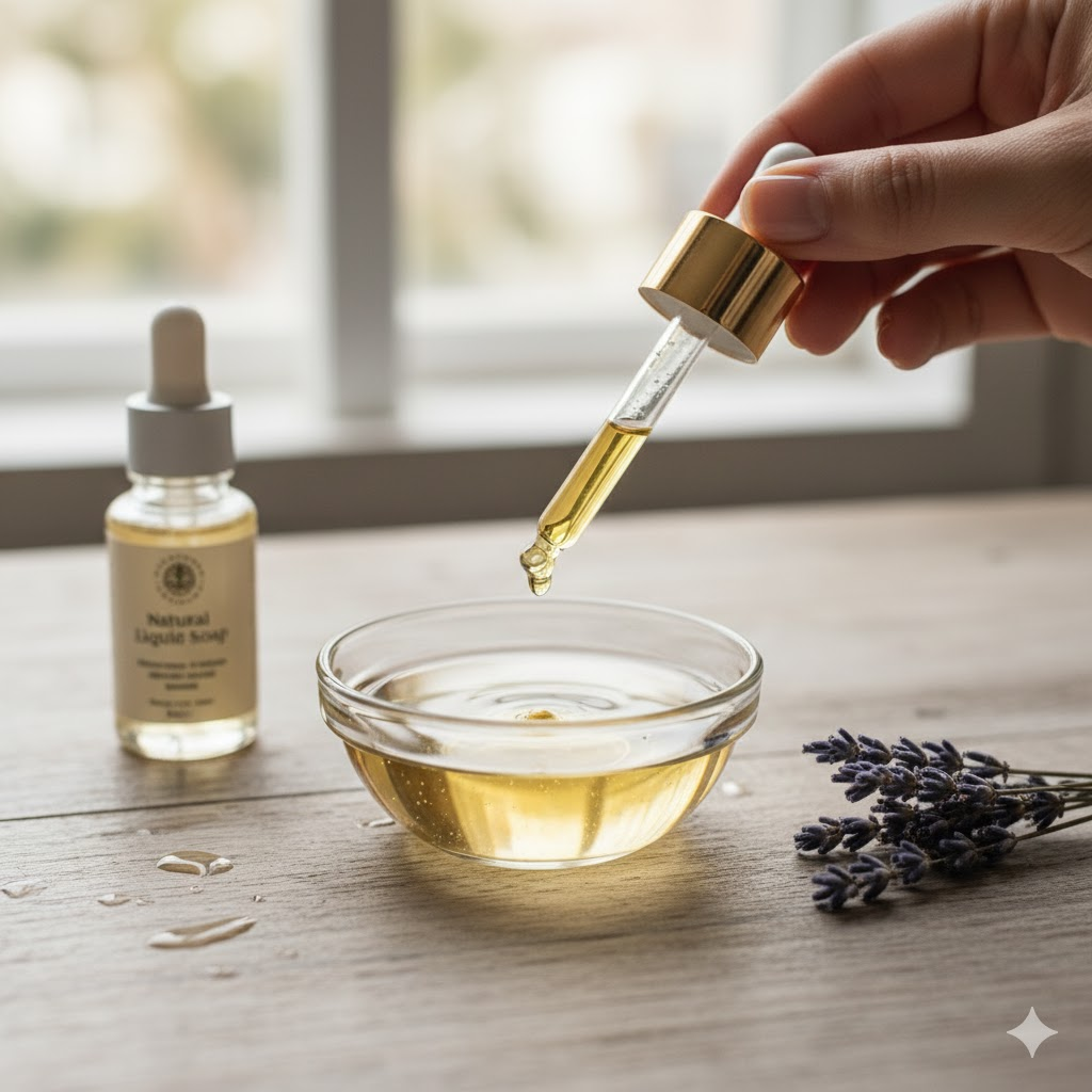 작은 유리볼에 베이스 오일(캐리어 오일 또는 천연 액체 비누)이 담겨 있고, 그 위에 스포이드를 이용해 에센셜 오일 3~5방울이 떨어지는 클로즈업 샷. 주변에는 천연 액체 비누, 라벤더 꽃잎 등이 함께 배치
