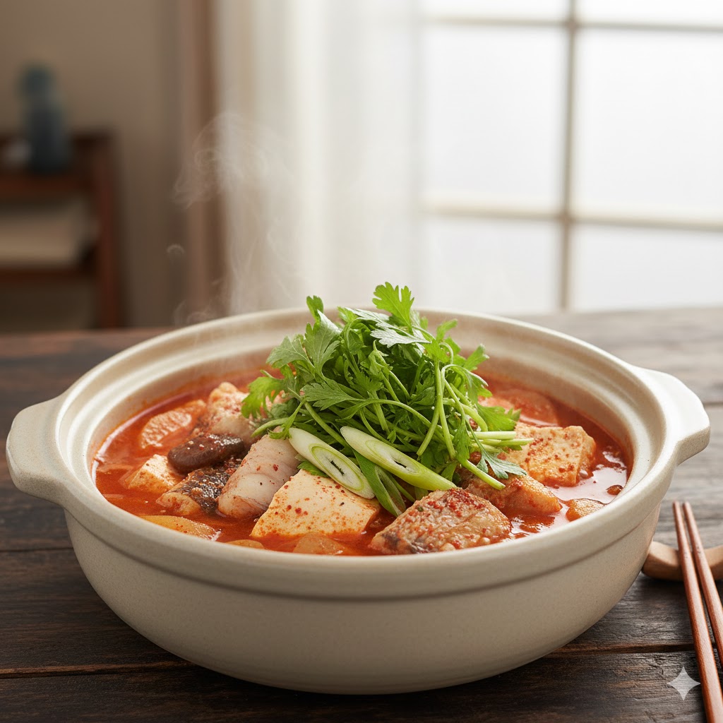 칼칼한 국물 맛에 깊은 향을 더해주고 생선 살과 함께 곁들이기 좋은 향긋한 쑥갓
