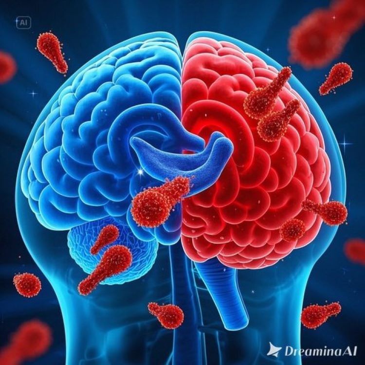 인체의 뇌 단면도에서 소뇌 부분이 강조되어 있고, 한쪽에는 건강한 소뇌(푸른색), 다른 쪽에는 염증으로 손상된 소뇌(붉은색)가 표시되어 있으며, 주변에는 글루텐 분자와 항체들이 공격하는 모습을 보여주는 의학적 일러스트레이션