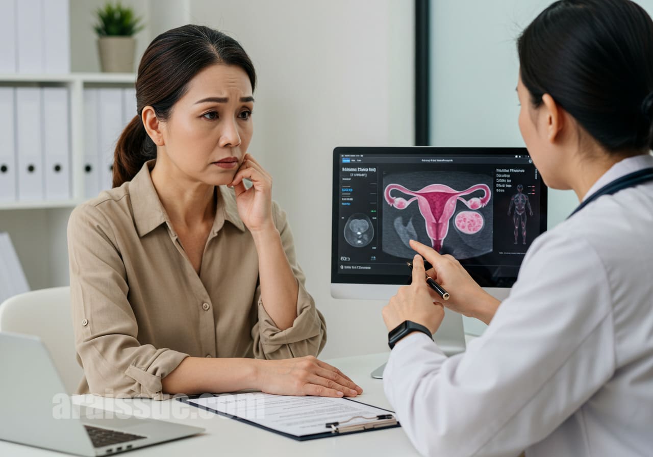 자궁근종이 8cm 이상인 경우, 수술적 치료 필요성에 대해 상담하는 외국인 의사와 환자. 디지털 차트를 통해 치료 방법을 설명하는 모습. 상담실은 현대적이고 깔끔한 디자인으로 되어 있다.