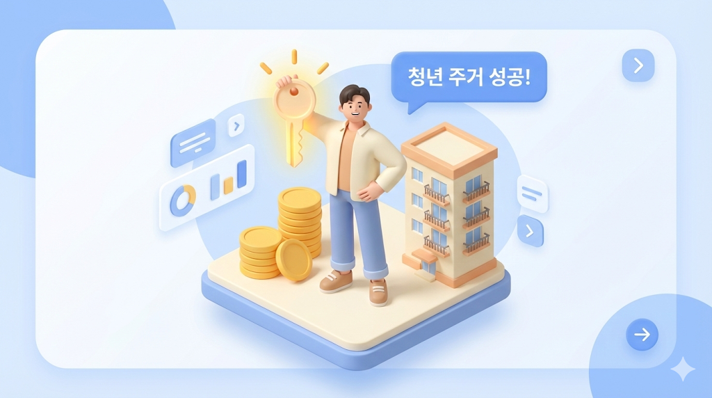 2026년 무주택 청년 월세지원 및 전세대출 혜택으로 내 집 마련에 성공한 청년 일러스트