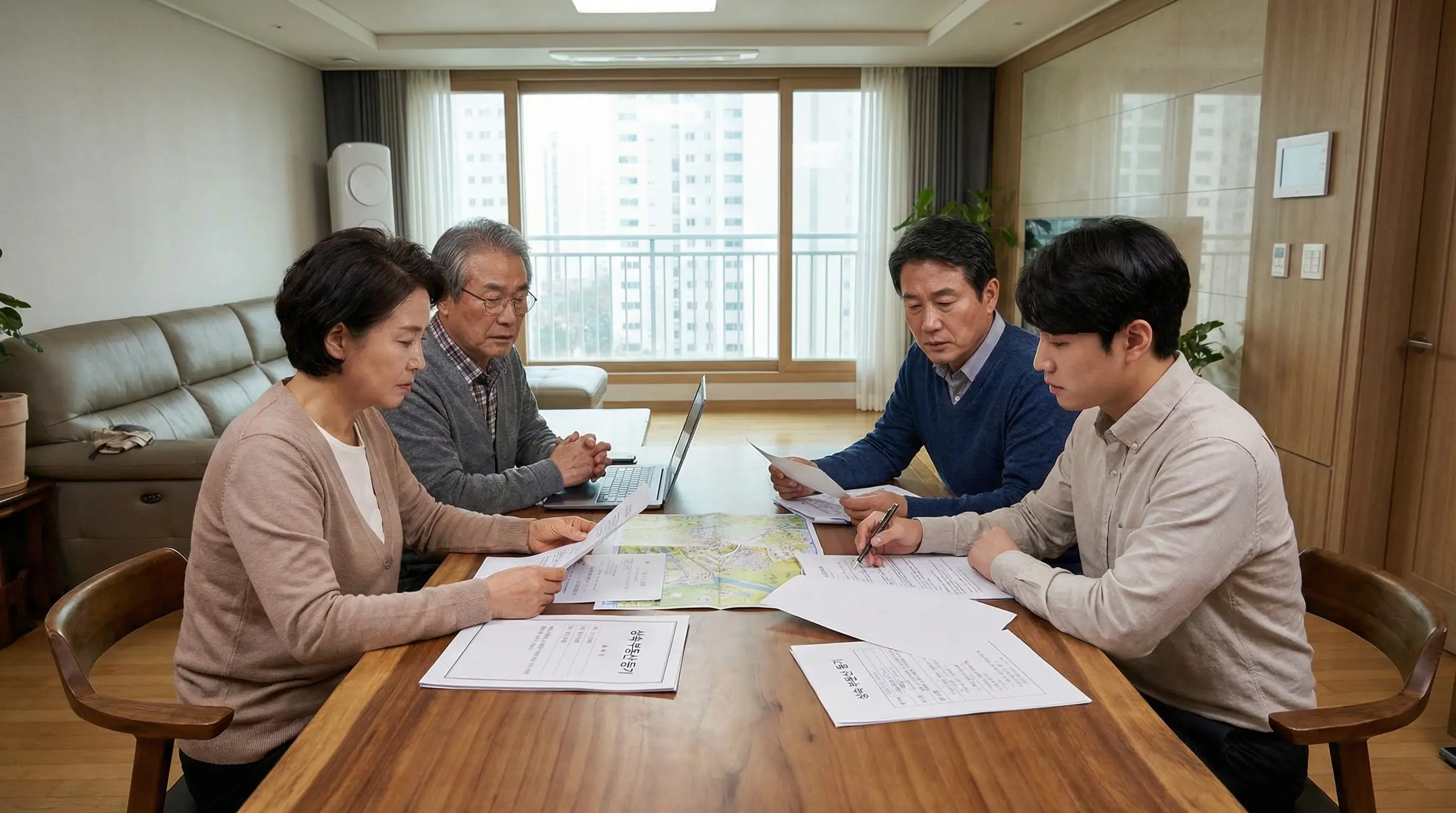 한국인 가족이 거실 테이블에 모여 상속 부동산 관련 서류를 검토하며 진지하게 논의하는 모습