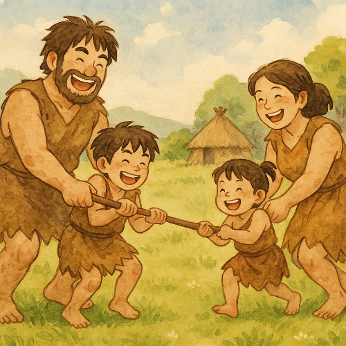 구석기 복장을 한 가족이 들판에서 줄다리기를 하며 웃는 모습 &ndash; 따뜻한 수채화 스타일 일러스트