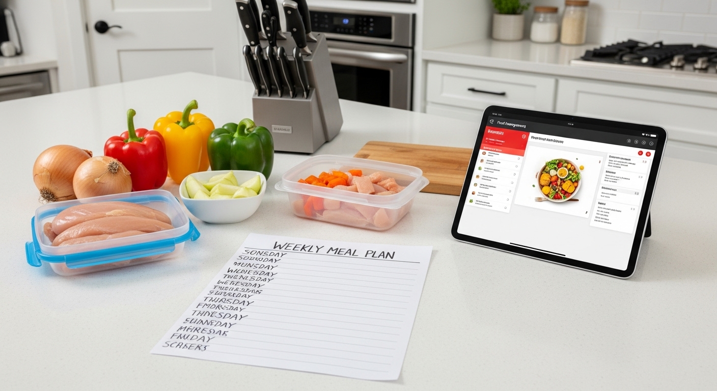주간 식단 계획표와 식재료 관리 앱이 보이는 태블릿, 그리고 깔끔하게 소분된 신선한 식재료들이 놓인 주방 카운터.