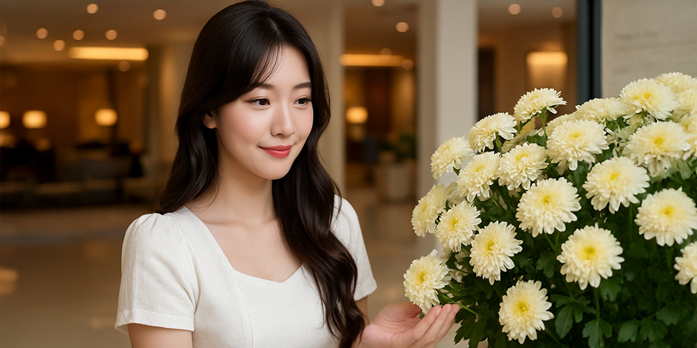 국화를 보고 있는 사람