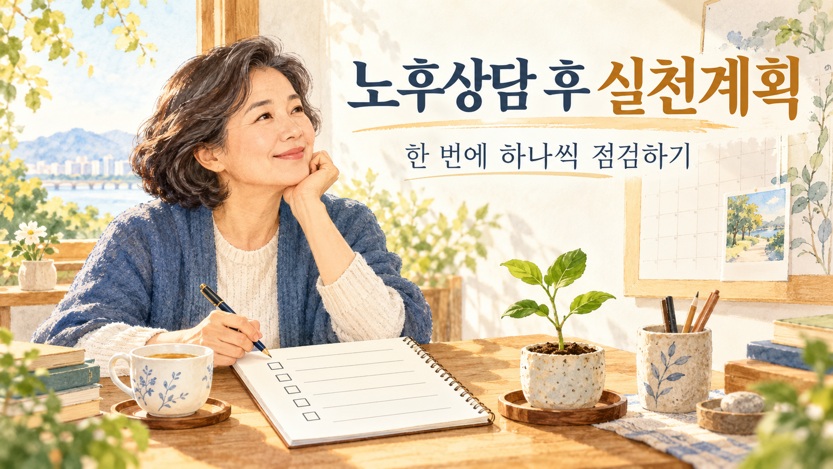 노후준비 상담 후 체크리스트와 점검 일정을 정리하는 여성 대표 이미지
