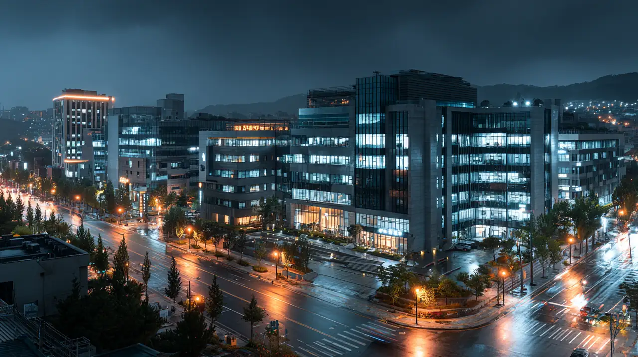 밤 풍경의 수원 법조타운 거리에서 법원 인근 높은 오피스빌딩에 여러 로펌 간판 불이 켜져 있고, 대형 로펌과 중소 로펌, 개인 사무실이 혼재한 거리가 보이는 장면으로, 2026 수원 이혼 소송 변호사 추천 및 수임료 비교 정보를 다루는 페이지의 배경 이미지로 적합하며, 도로에는 차량 불빛이 길게 늘어진 야간 장노출 효과가 표현되어 있다.