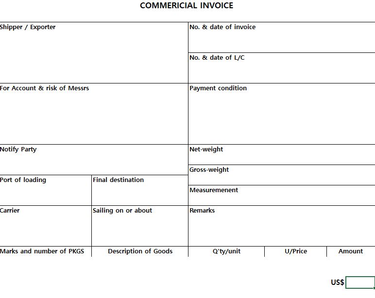 commercial invoice sheet