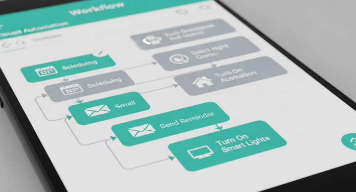 스마트폰 화면에 나타난 AI 자동화 워크플로우 설정 화면, 여러 앱 아이콘이 연결되어 복잡한 작업을 간단하게 처리하는 모습.
