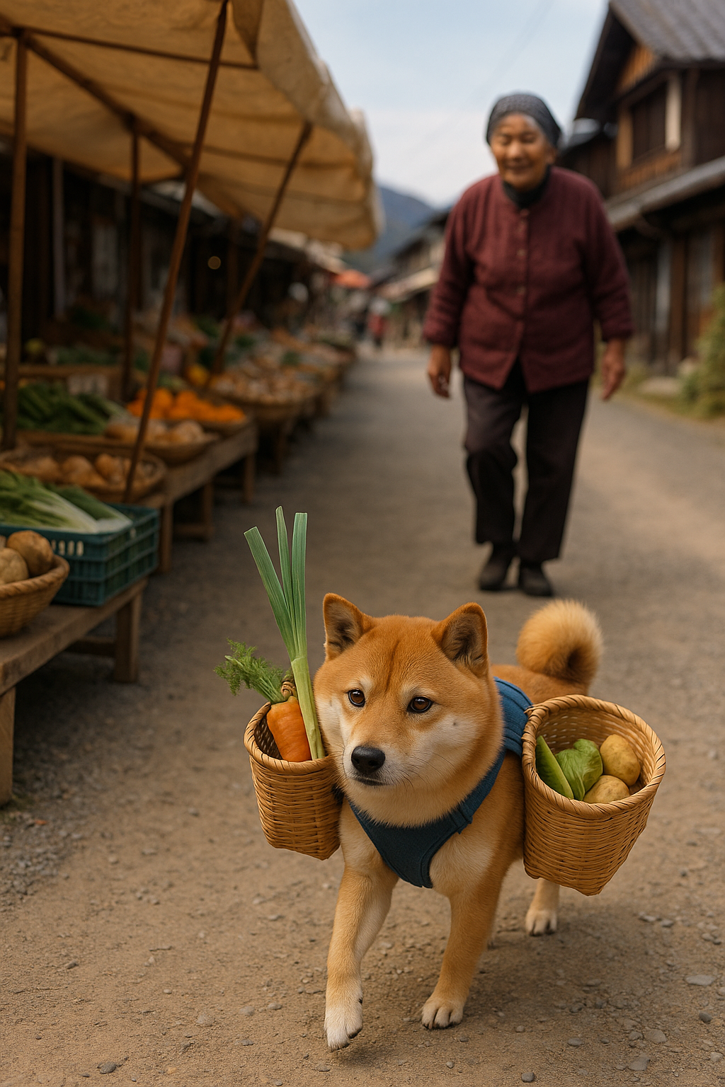 일본 시골 마을의 장터 강아지 이미지