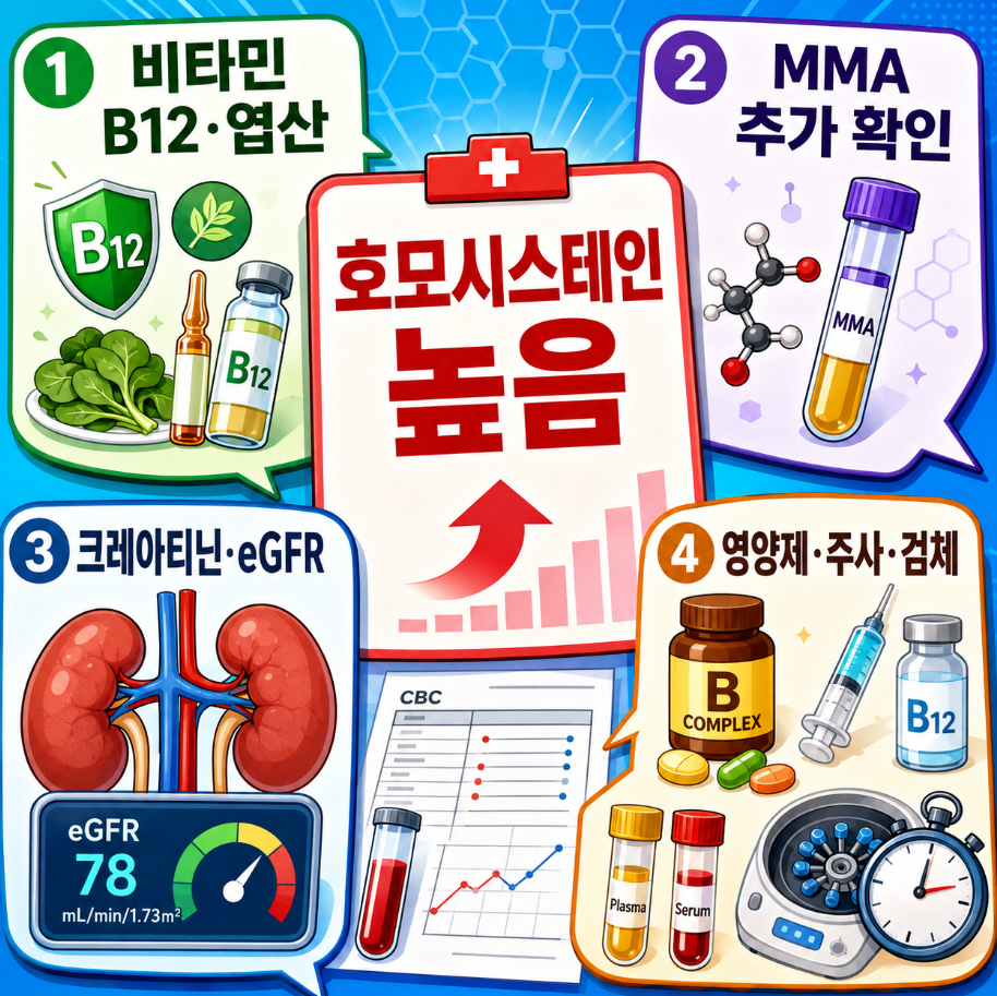 호모시스테인 수치가 높을 때 비타민 B12&middot;엽산&middot;MMA&middot;신장기능 확인 순서를 보여주는 의료 인포그래픽 썸네일