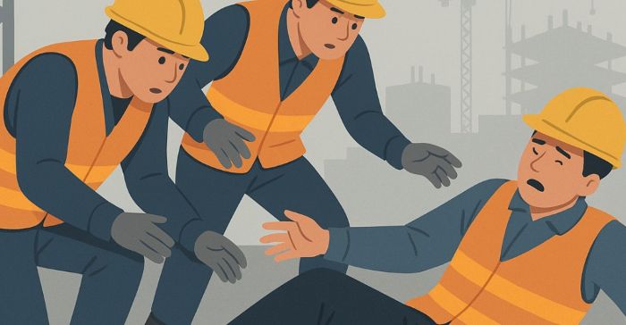 건설현장에서 작업 중 넘어져 앉아 있는 근로자를 두 명의 동료가 걱정스럽게 돕고 있는 모습. 모두 안전모와 주황색 조끼를 착용한 작업복 차림의 인물들