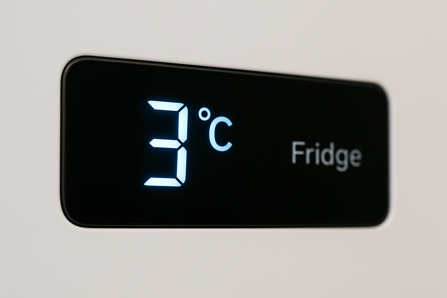 냉장고 디지털 온도 표시창 클로즈업 – 3도 설정 화면이 밝은 파란색으로 표시된 이미지