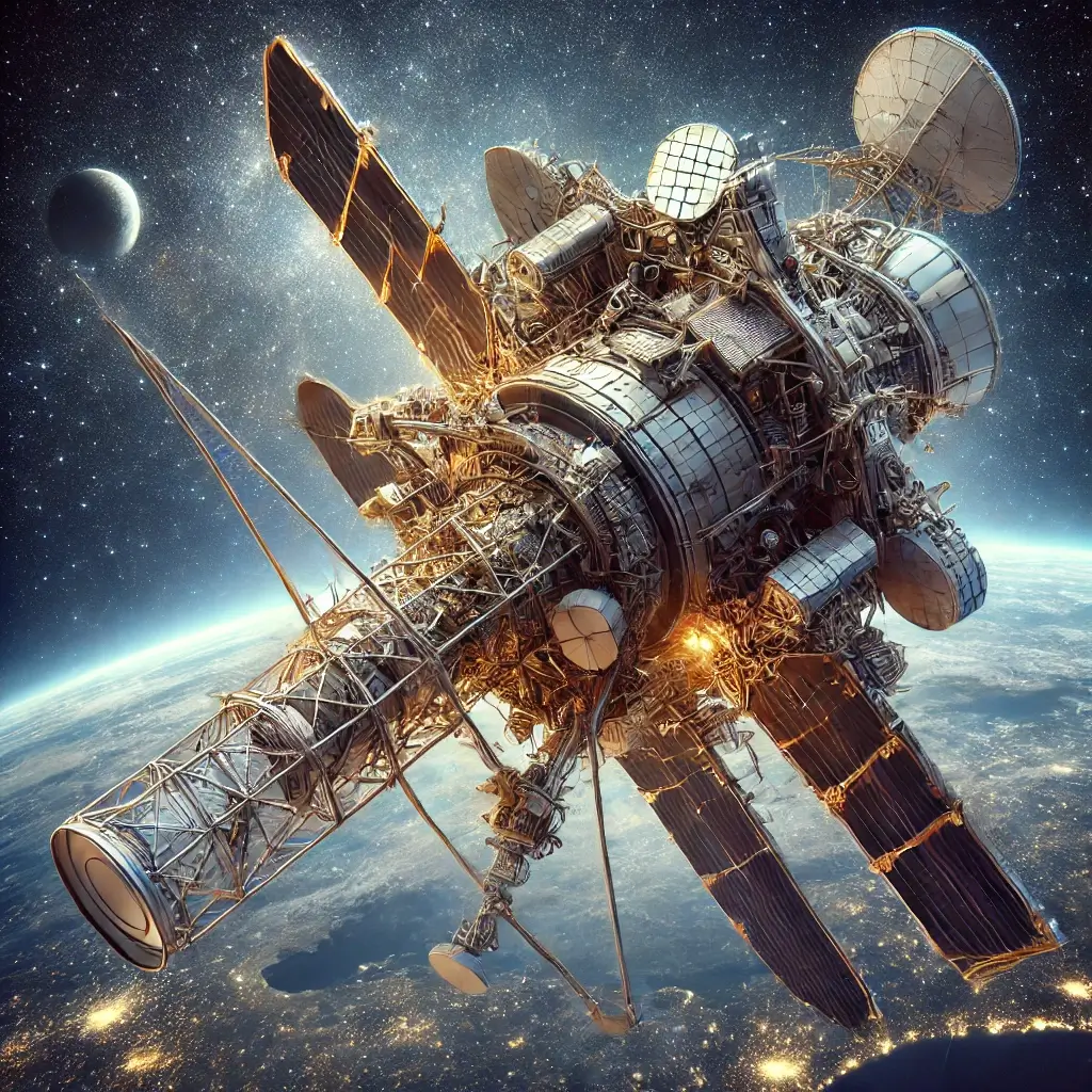 유클리드 망원경 지구 대기권 밖으로 둥둥떠있는 인공 구조물의 모습이다. 아주 복잡하게 얽히고 섥혀있다.