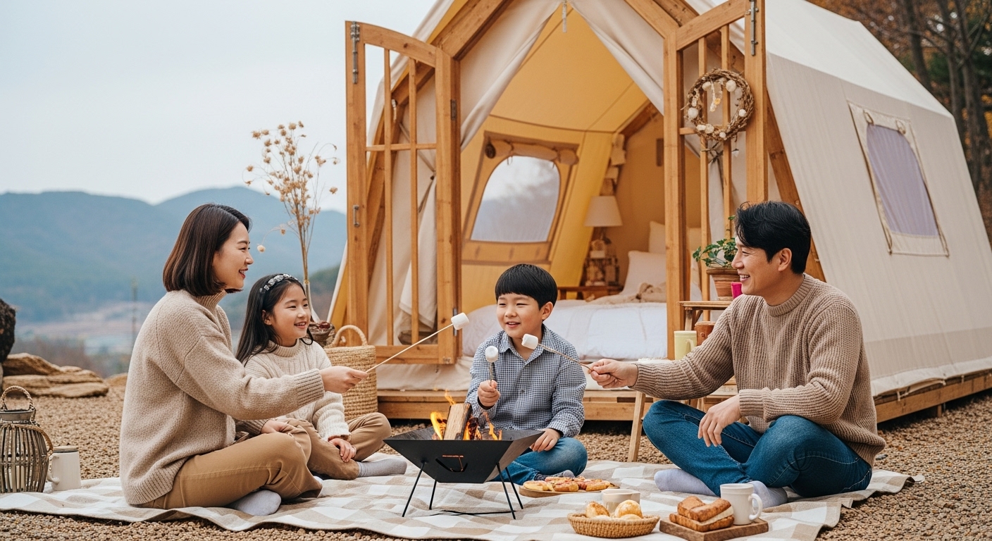 아름다운 자연 속 글램핑장에서 화목한 한국인 가족이 캠프파이어를 하며 즐거운 시간을 보내는 모습. 행복하고 편안한 분위기가 느껴집니다.