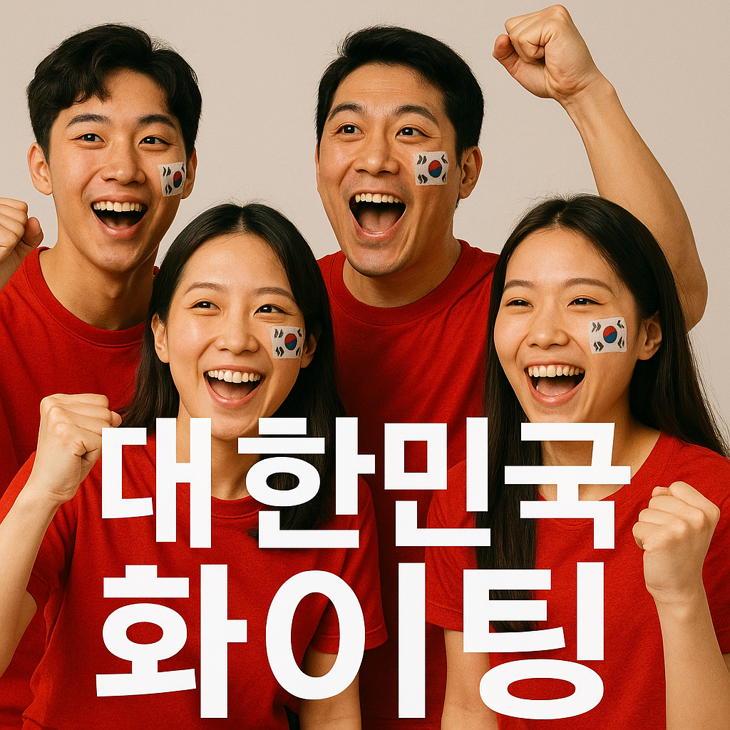 "대한민국 축구 대표팀을 응원하는 붉은 옷을 입은 청년 남녀 4명이 태극기 페이스 페인팅을 하고 '대한민국 화이팅'을 외치는 모습"