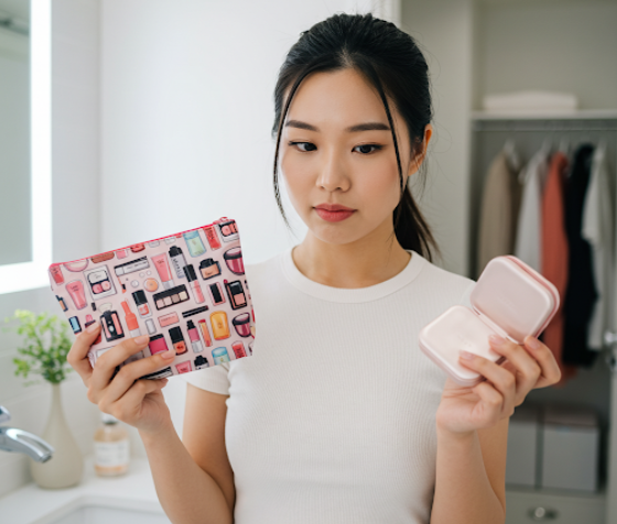 여행을 위해 화장품(파우치, 케이스)을 고르는 여성 모습