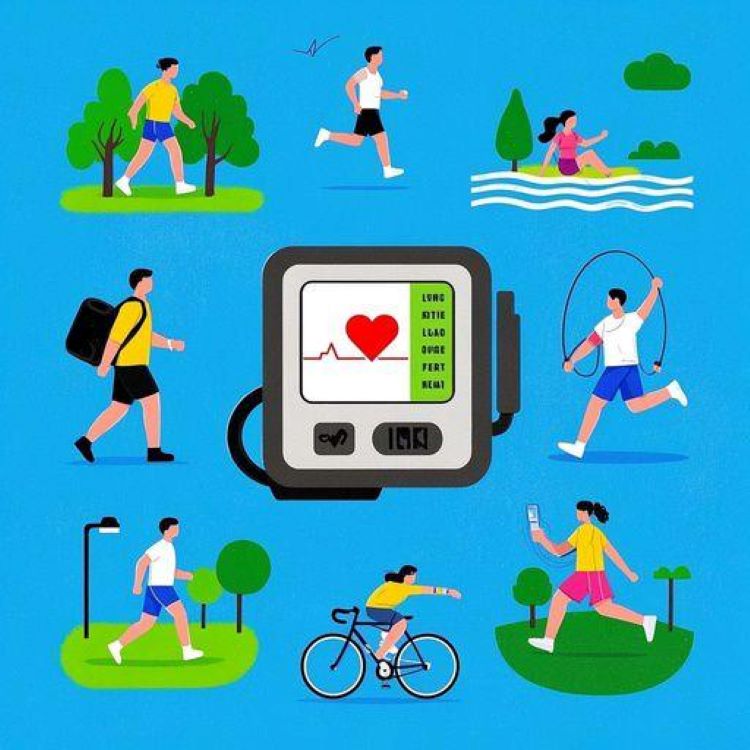혈압을 낮추는 7가지 유산소 운동을 보여주는 역동적인 콜라주. 중앙에는 정상 수치를 보여주는 디지털 혈압 모니터가 있습니다. 그 주변에는 다음과 같은 액션 샷이 있습니다: 1) 공원에서 활기차게 걷는 사람, 2) 산책로에서 조깅하는 사람, 3) 자유영을 하는 수영 선수, 4) 경치 좋은 길에서 자전거를 타는 사람, 5) 스텝 에어로빅을 하는 사람, 6) 줄넘기를 하는 사람, 7) 춤을 추는 사람의 모습을 담았습니다. 심박수 그래프 시각화를 포함하고 파란색과 녹색을 사용하여 건강과 활력을 전달하세요. 이미지는 깔끔하고 현대적인 그래픽으로 교육적이고 동기를 부여하는 느낌을 주어야 합니다.
