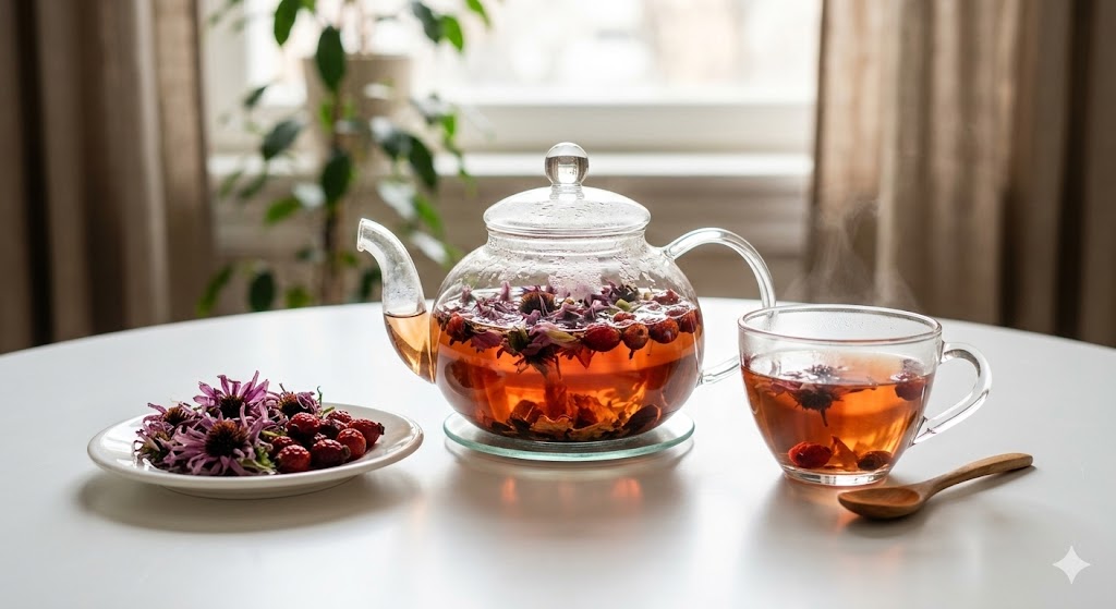 천연 비타민 C 흡수율을 높여 면역 세포 활성을 돕고 지친 몸의 기력을 빠르게 회복시키는 에키네시아 로즈힙 피로 회복 시너지