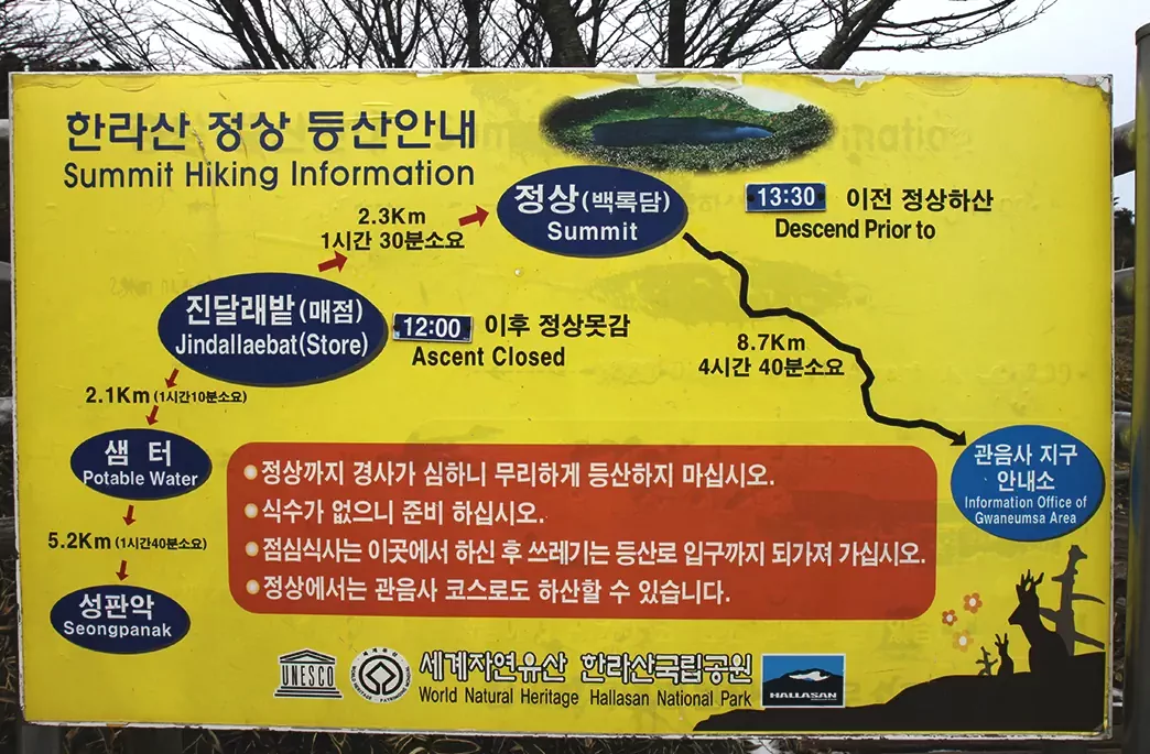 한라산 정상에 설치된 탐방로 안내판 전경.