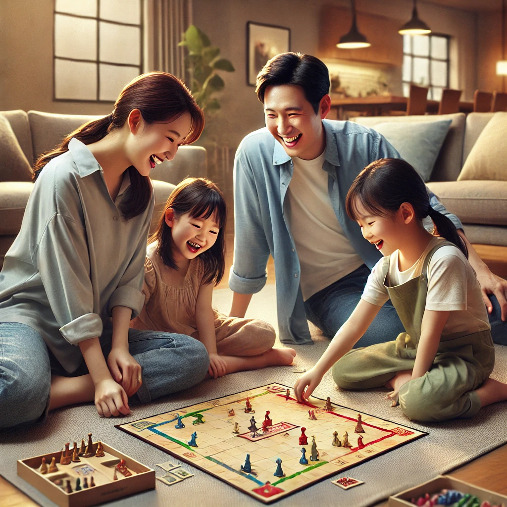 가족이 거실에서 함께 보드게임을 즐기고 있는 모습. 어머니, 아버지, 두 아이가 카펫 위에 앉아 웃으며 게임에 몰두하고 있습니다. 방은 부드러운 조명과 현대적인 가구로 따뜻한 분위기를 자아냅니다