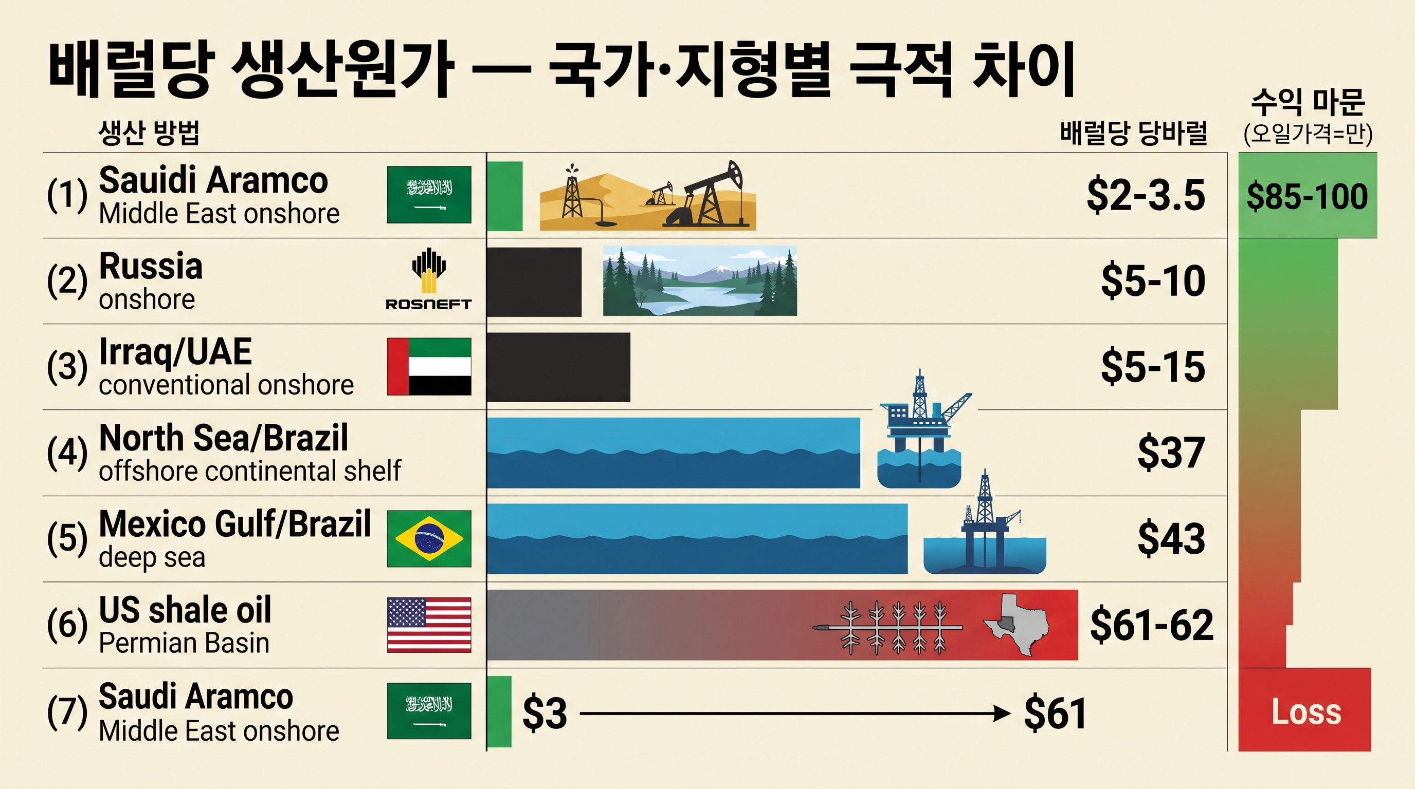배럴당 생산원가 비교표: 사우디 $2~3.5 vs 미국 셰일 $61~62, 국가&middot;지형별 7단계