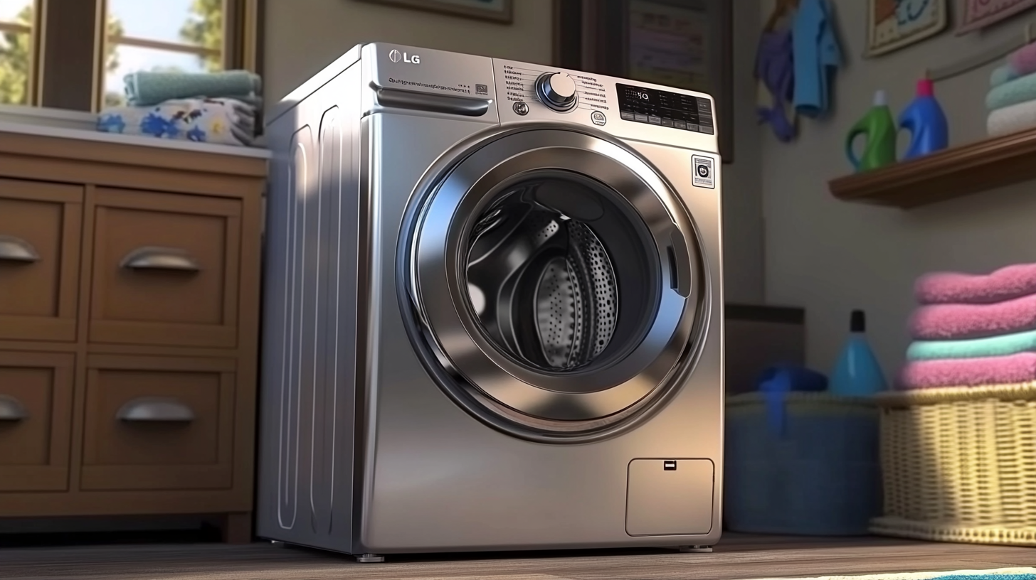 세련된 스테인리스 스틸 디자인을 갖춘 모던한 LG 세탁기가 다채로운 색상의 스타일리시한 세탁실에 놓여있는 장면.