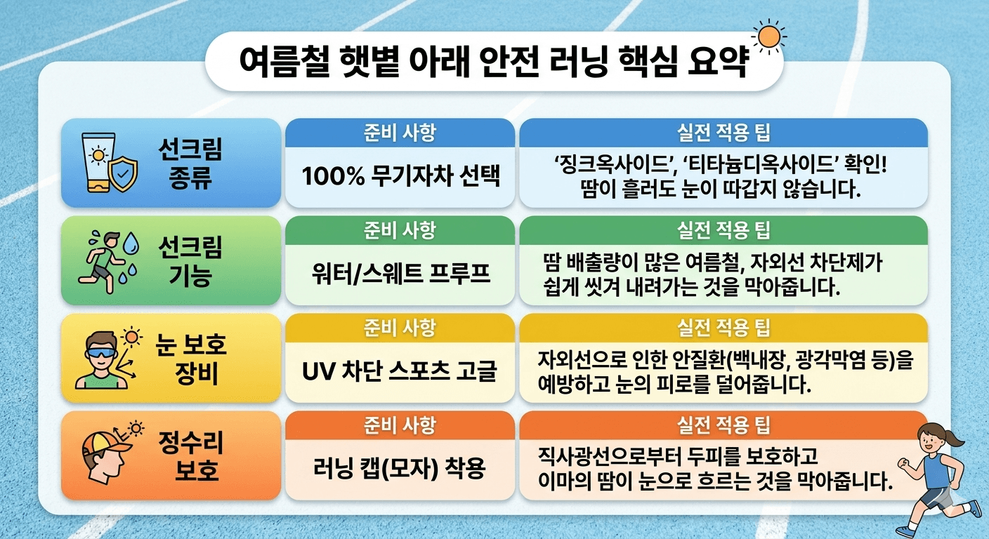 여름철 러닝 필수품, 선크림, 고글, 모자