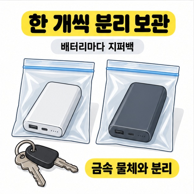 지퍼백 두 개에 배터리를 각각 하나씩 담고 열쇠는 밖에 두어 개별 보관과 금속 분리를 설명한 그림