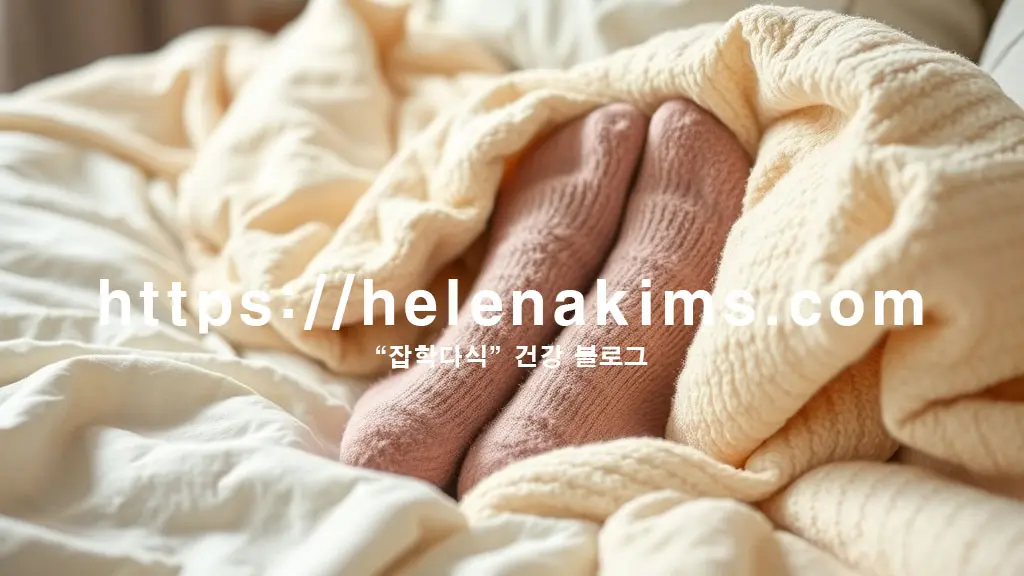 따뜻한 분위기의 침대, 부드러운 조명 아래 포근한 수면양말을 신은 발이 이불 속에서 편안히 휴식하는 모습, 건강한 숙면과 아늑함을 연상시키는 평화로운 이미지.