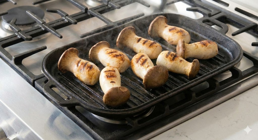 통째로 구워 수용성 비타민 C와 영양 가득한 채즙이 빠져나가는 것을 막고 쫄깃한 식감을 극대화한 고단백 새송이버섯 통구이