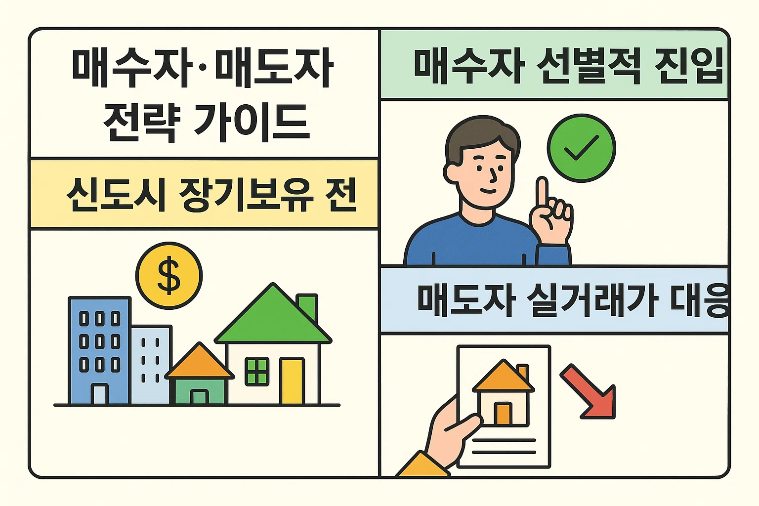 신도시 장기보유전, 매수자 선별 진입, 매도자 실거래 대응 등 2025 인천 아파트 매매 전략 포인트를 한눈에 정리한 인포그래픽입니다.
