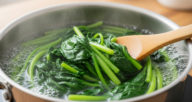 끓는 소금물에 취나물을 넣고 나무 주걱으로 뒤적이며 데치는 모습