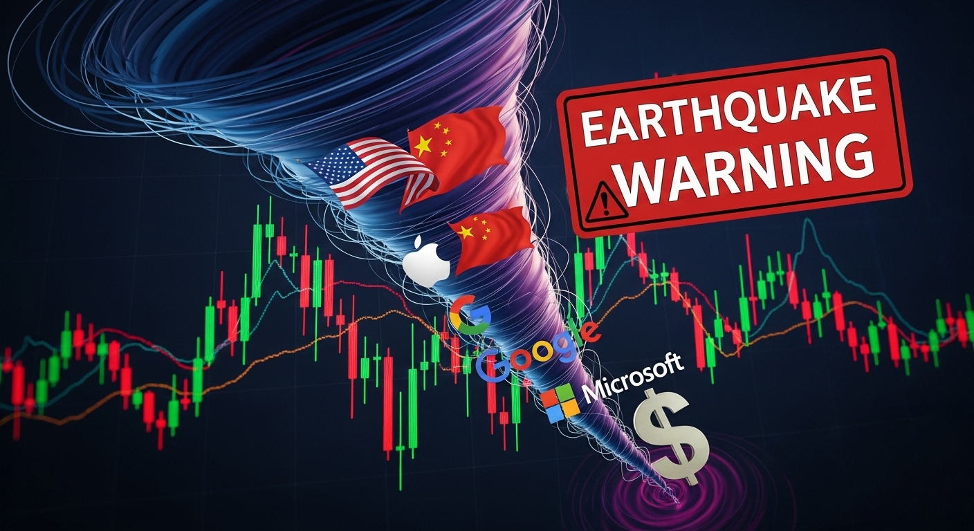 주식 차트 위에 거대한 지진 경고 아이콘과 함께, 미중 국기, 빅테크 로고, 달러 아이콘이 섞여 소용돌이치는 모습. 긴장감과 변동성을 표현