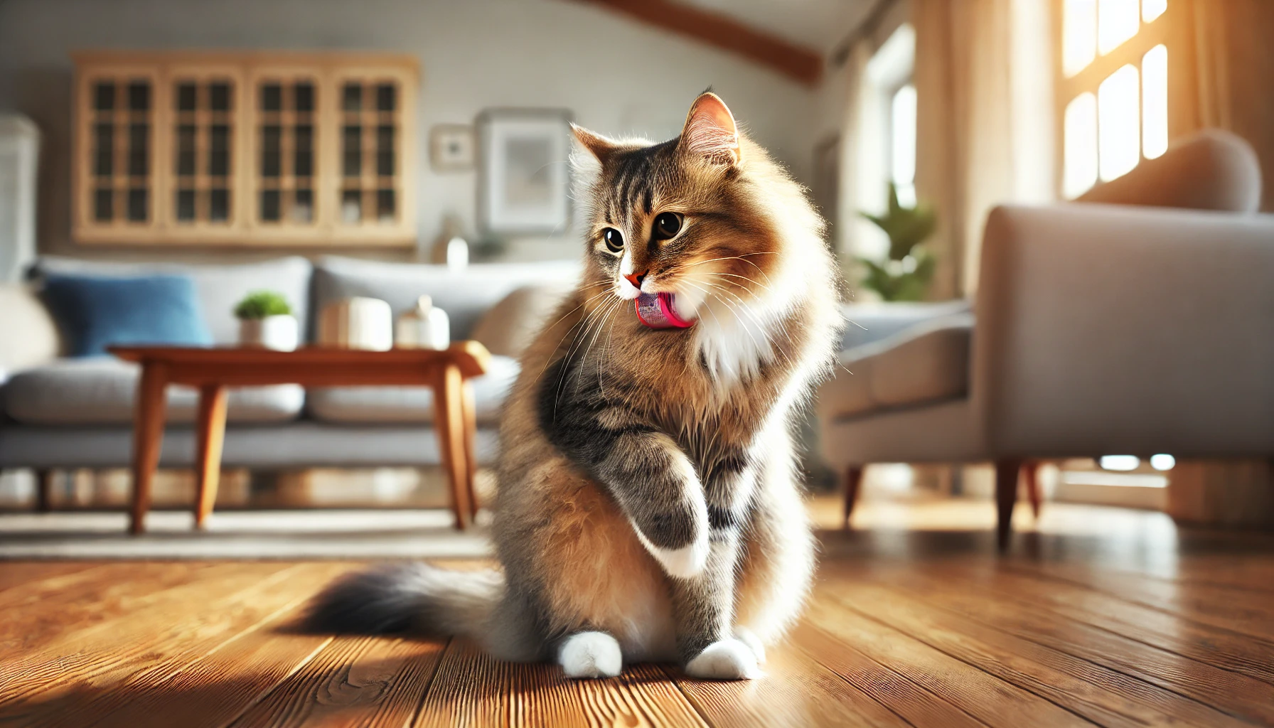 밝은 거실 나무 바닥에 앉아 과도하게 털을 핥고 있는 고양이. 불안한 표정을 지으며 반복적으로 그루밍하는 모습이 포착되어 있으며, 자연광이 들어오는 아늑한 실내 공간.