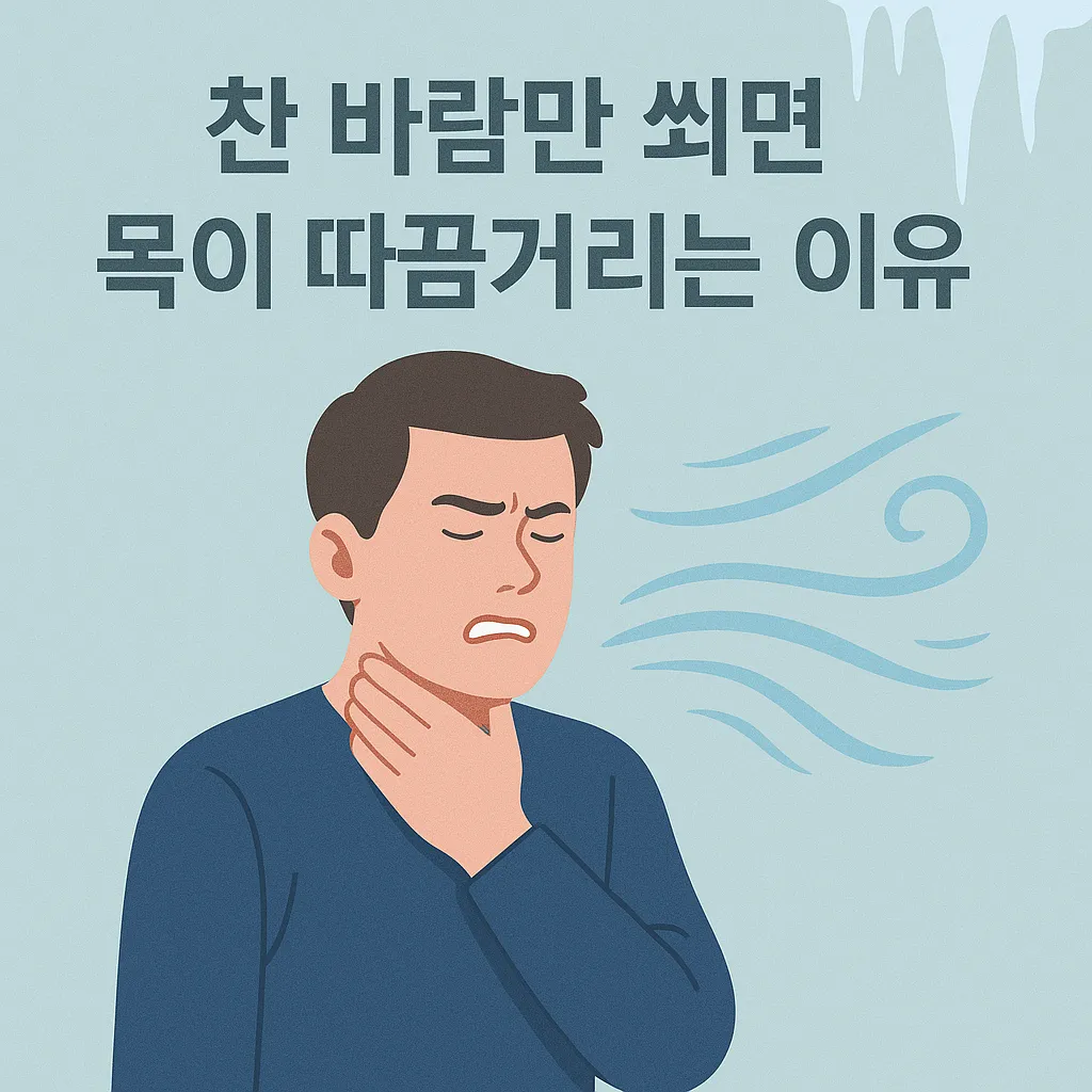 찬 바람이 목을 감싸며 따끔거림을 느끼는 사람을 묘사한 일러스트