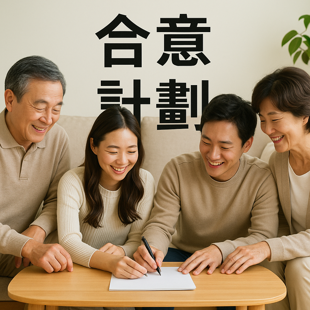 가족들이 둘러앉아 서류(또는 공책)에 무언가를 함께 적고 있는 모습(화목한 분위기)을 담은 사진. '합의'와 '계획'을 상징합니다.