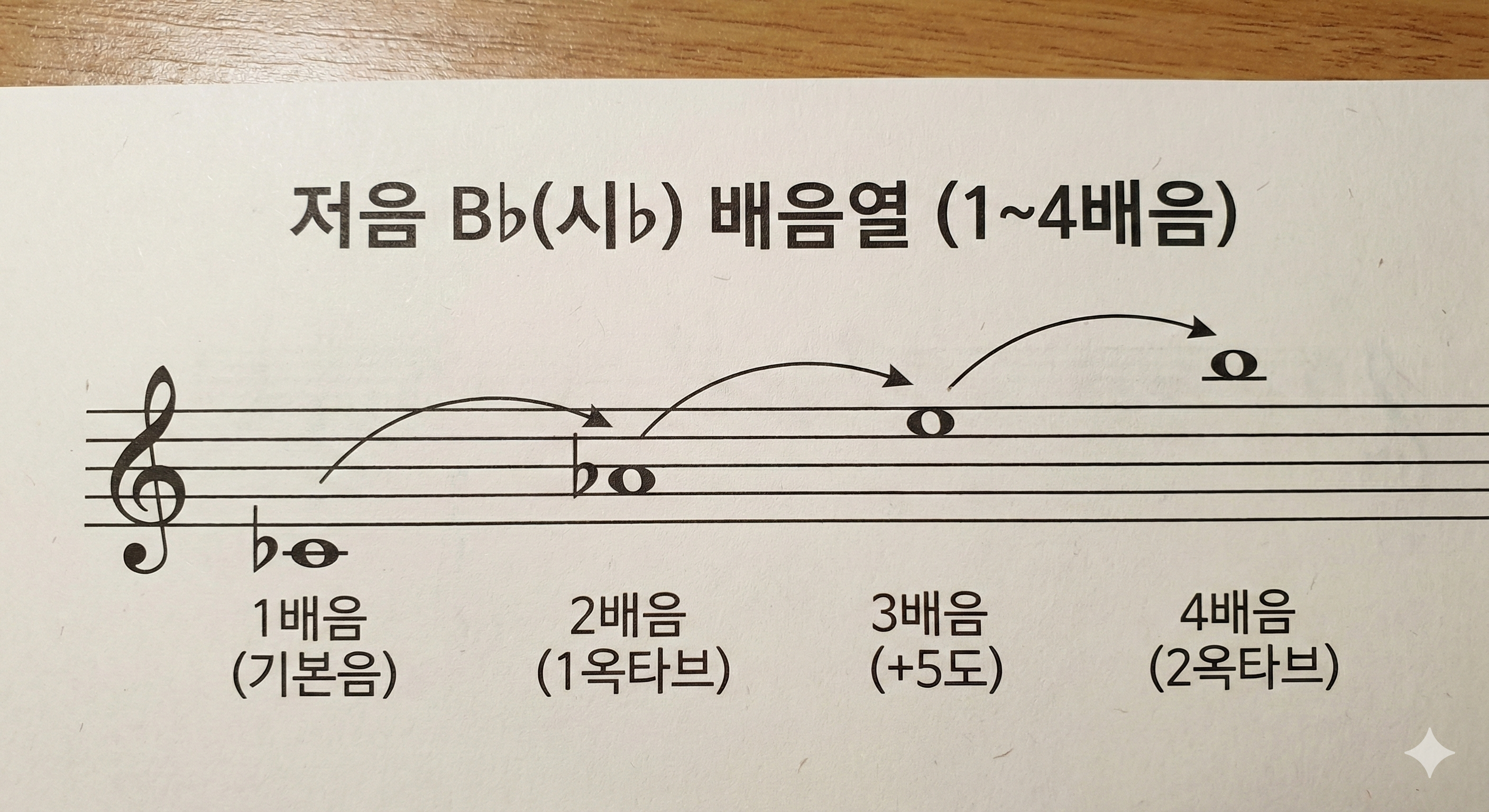 [Image of Overtone Series Chart]
저음 Bb을 기반으로 한 배음열 악보 (1배음~4배음)