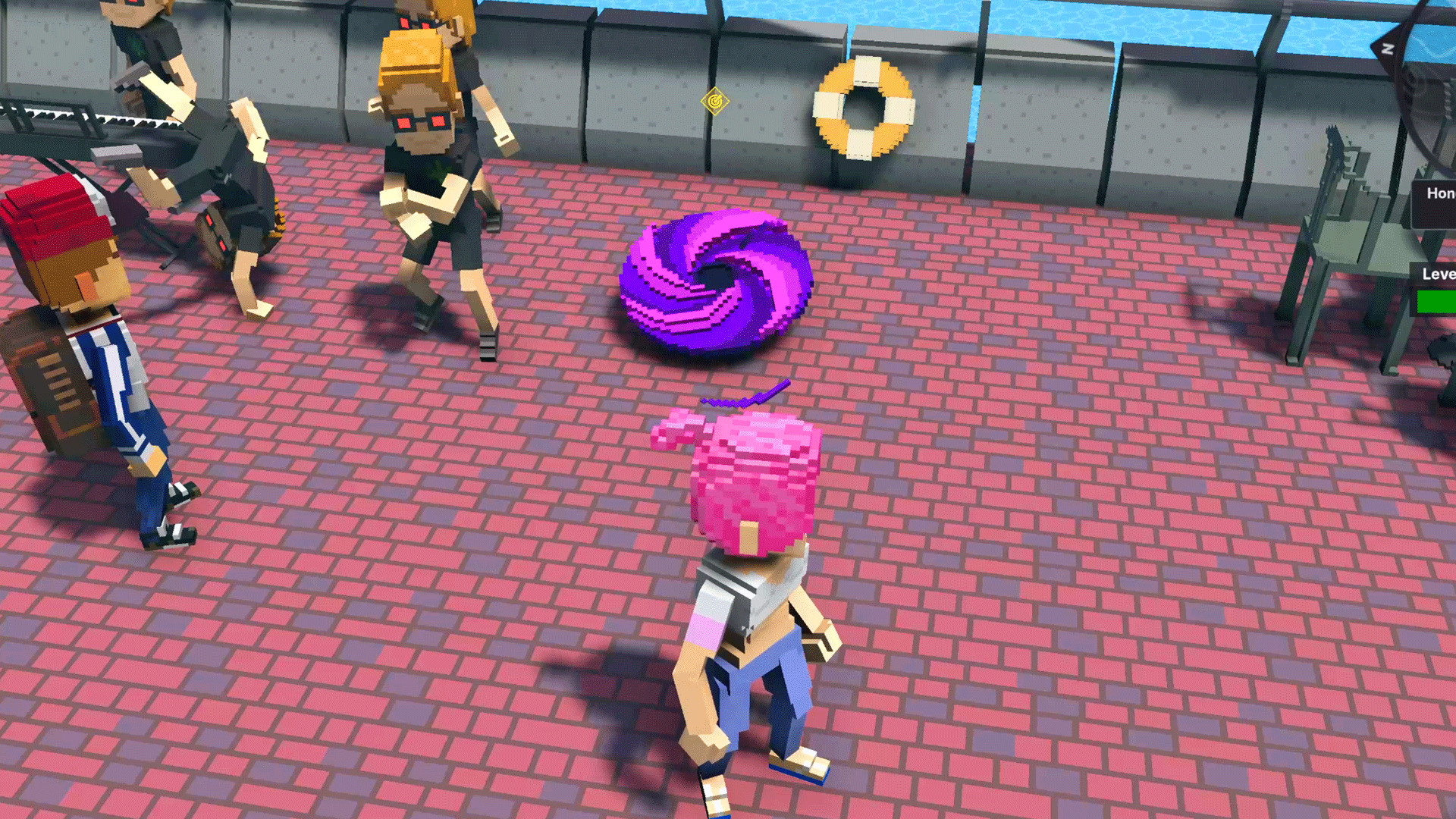 바닥에 보라색 포털이 회오리 모양으로 돌악가고 있다.